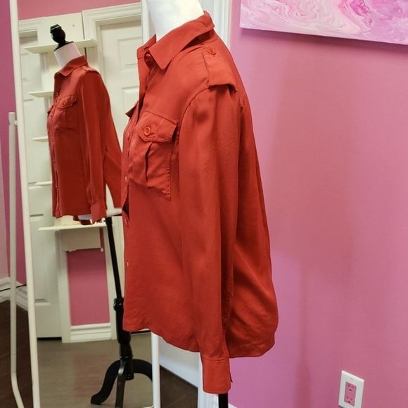 DKNY💕 Orange 100% Silk Shirt Blouse Top - Picture 2 of 9